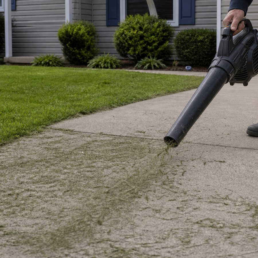 Blow-off cleanup clearing grass clippings from a residential driveway